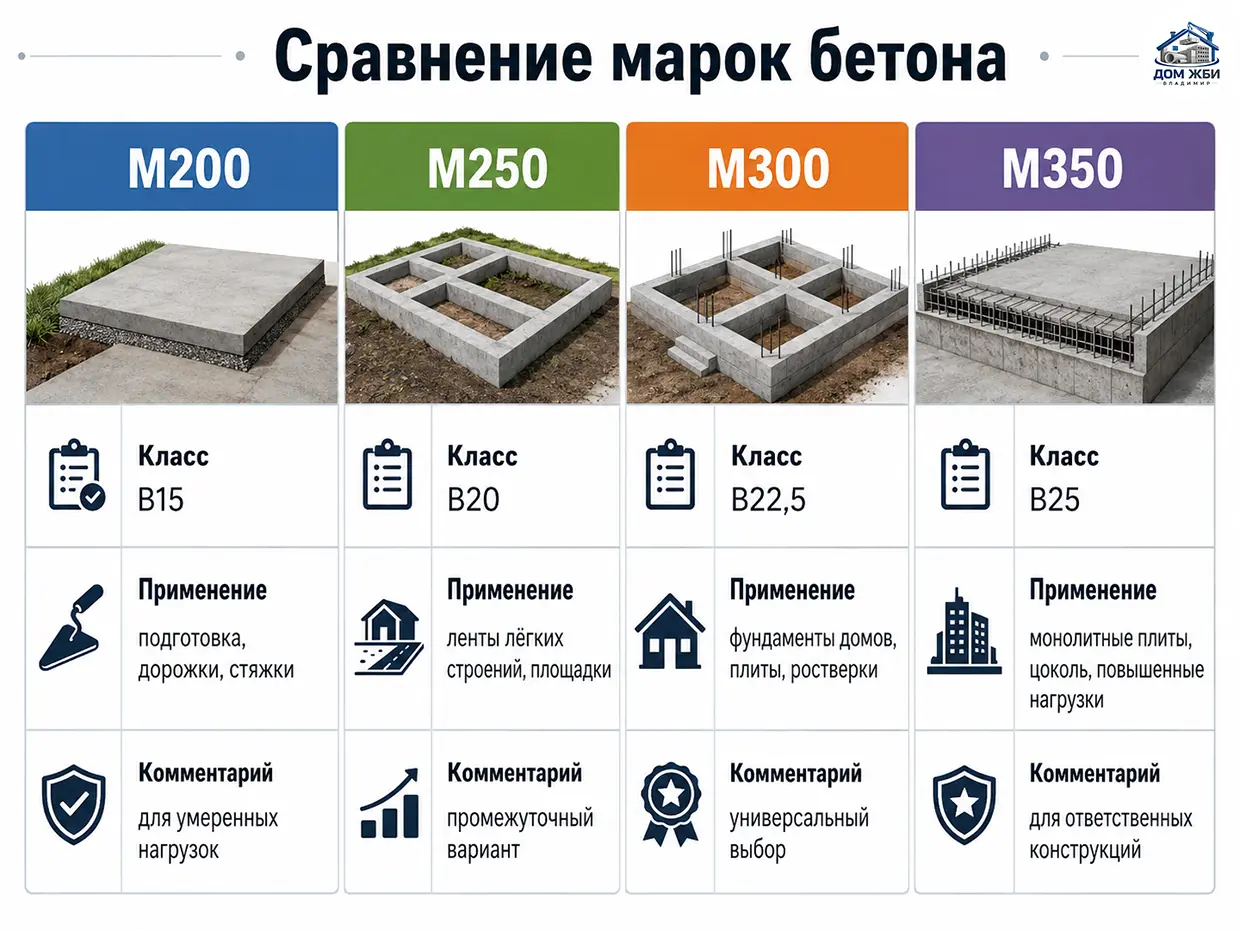 Сравнение бетона М200, М250, М300 и М350 по применению