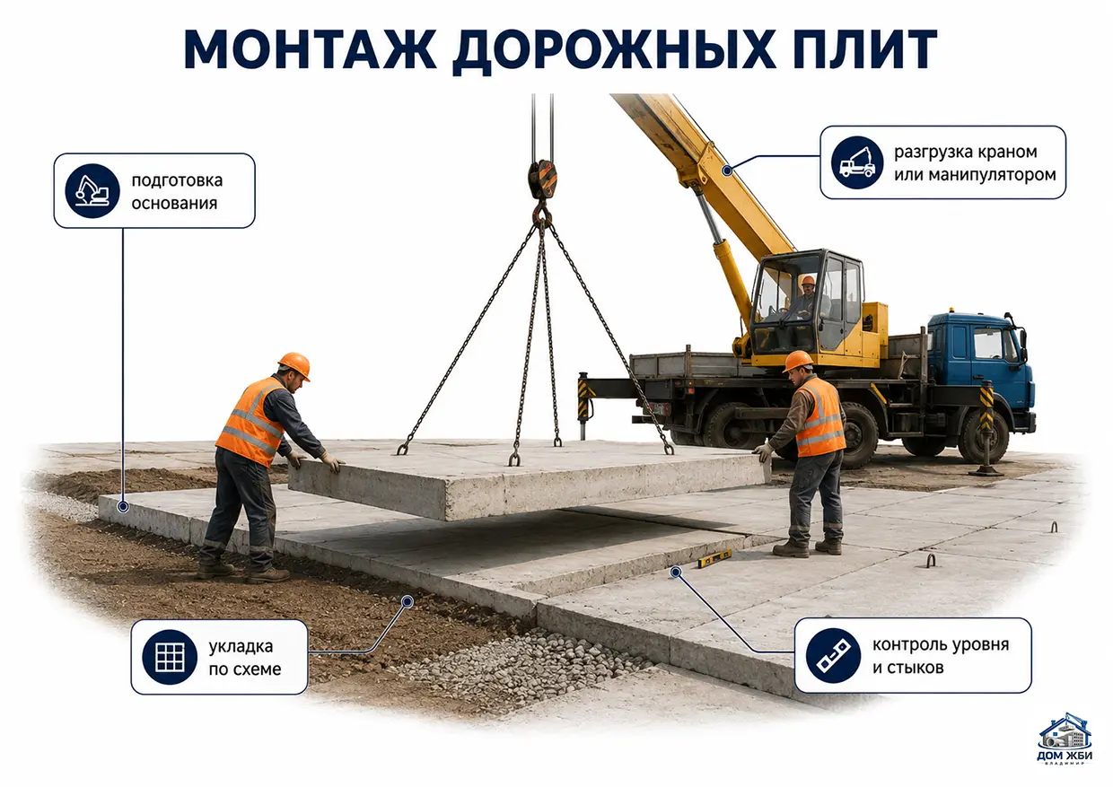 Монтаж дорожных плит краном или манипулятором