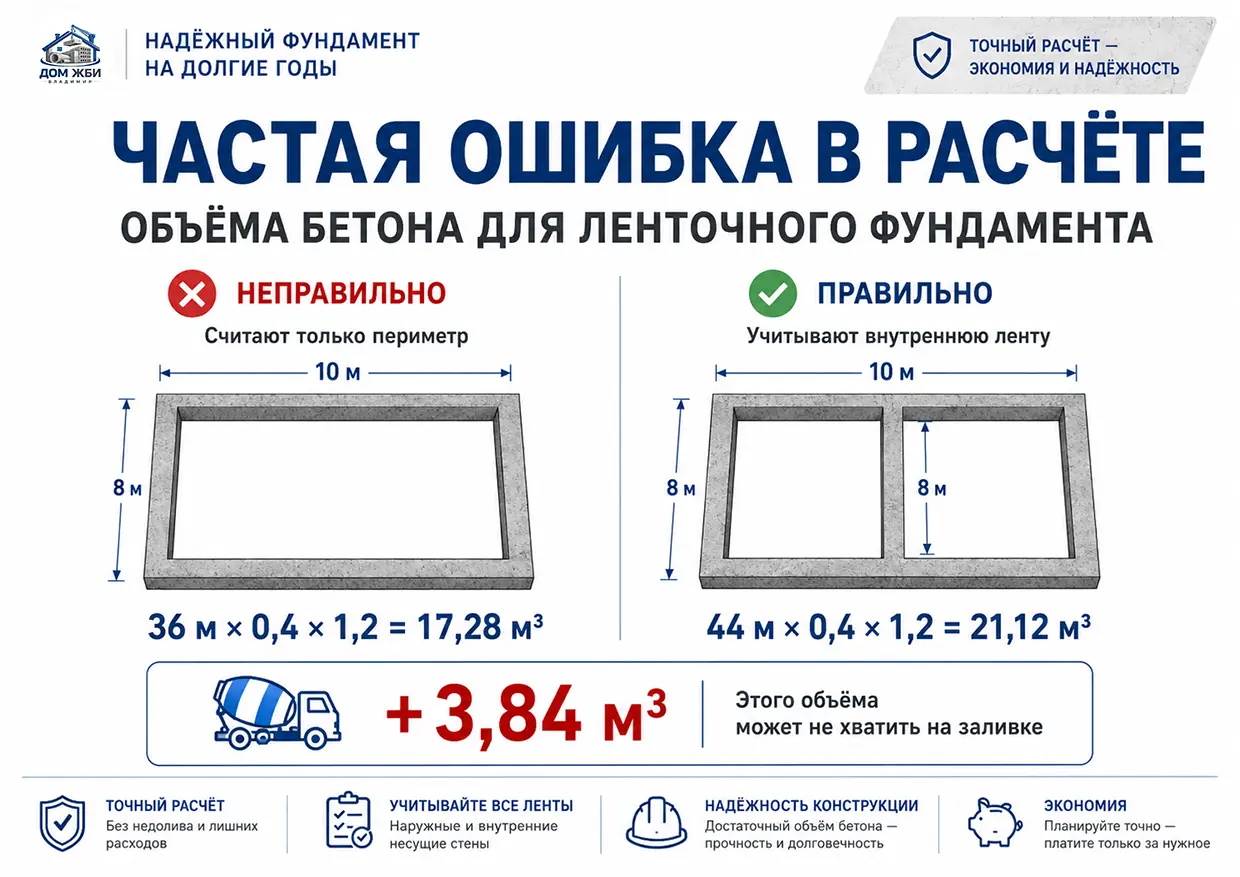 Ошибка расчета объема бетона для ленточного фундамента