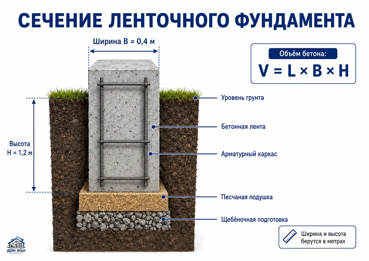 Сечение ленточного фундамента ширина и высота