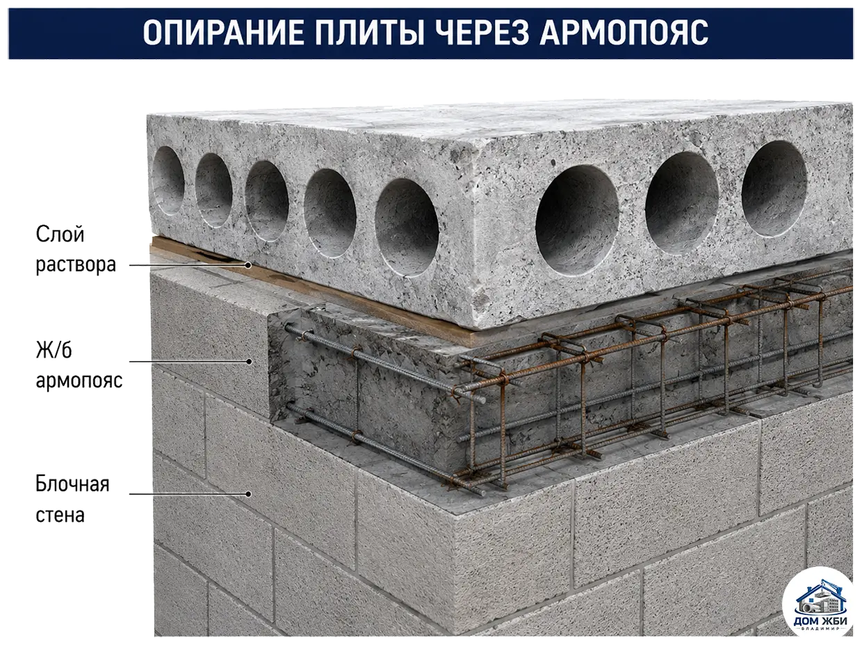 Опирание плиты перекрытия ПК на железобетонный армопояс