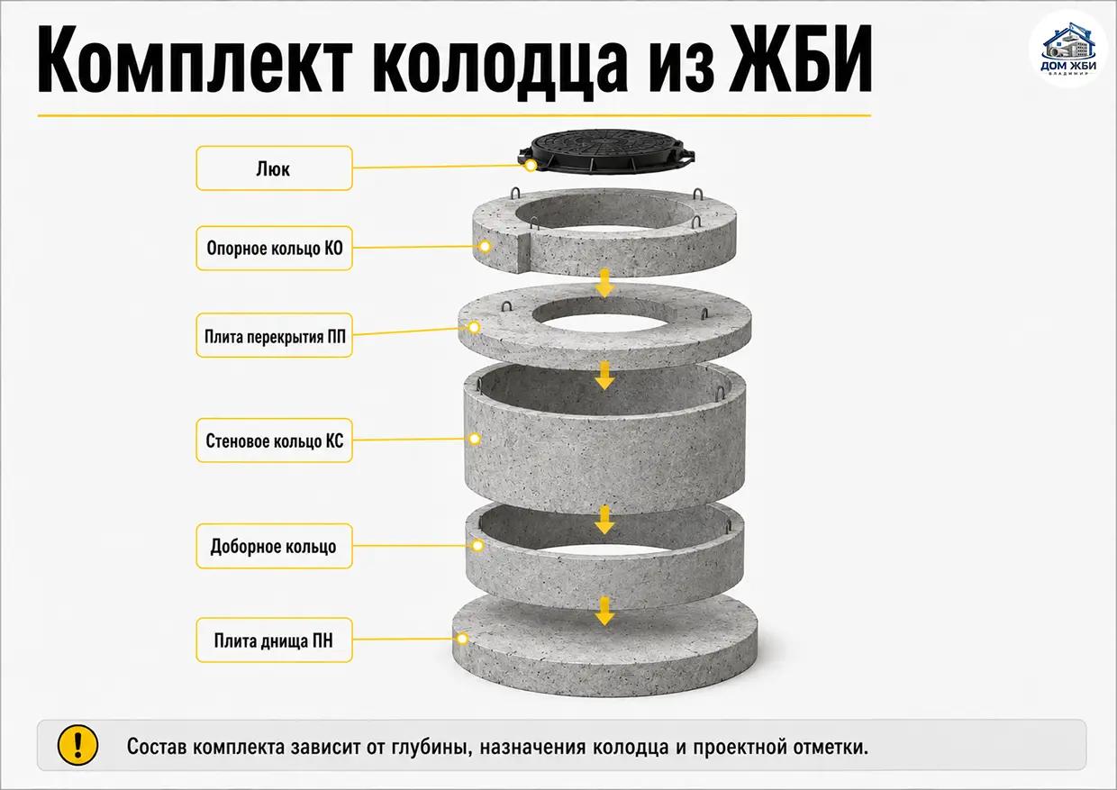 Комплект железобетонного колодца из колец, днища и перекрытия