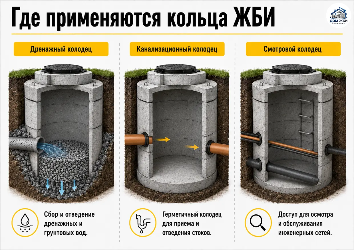 Применение колец ЖБИ для разных типов колодцев