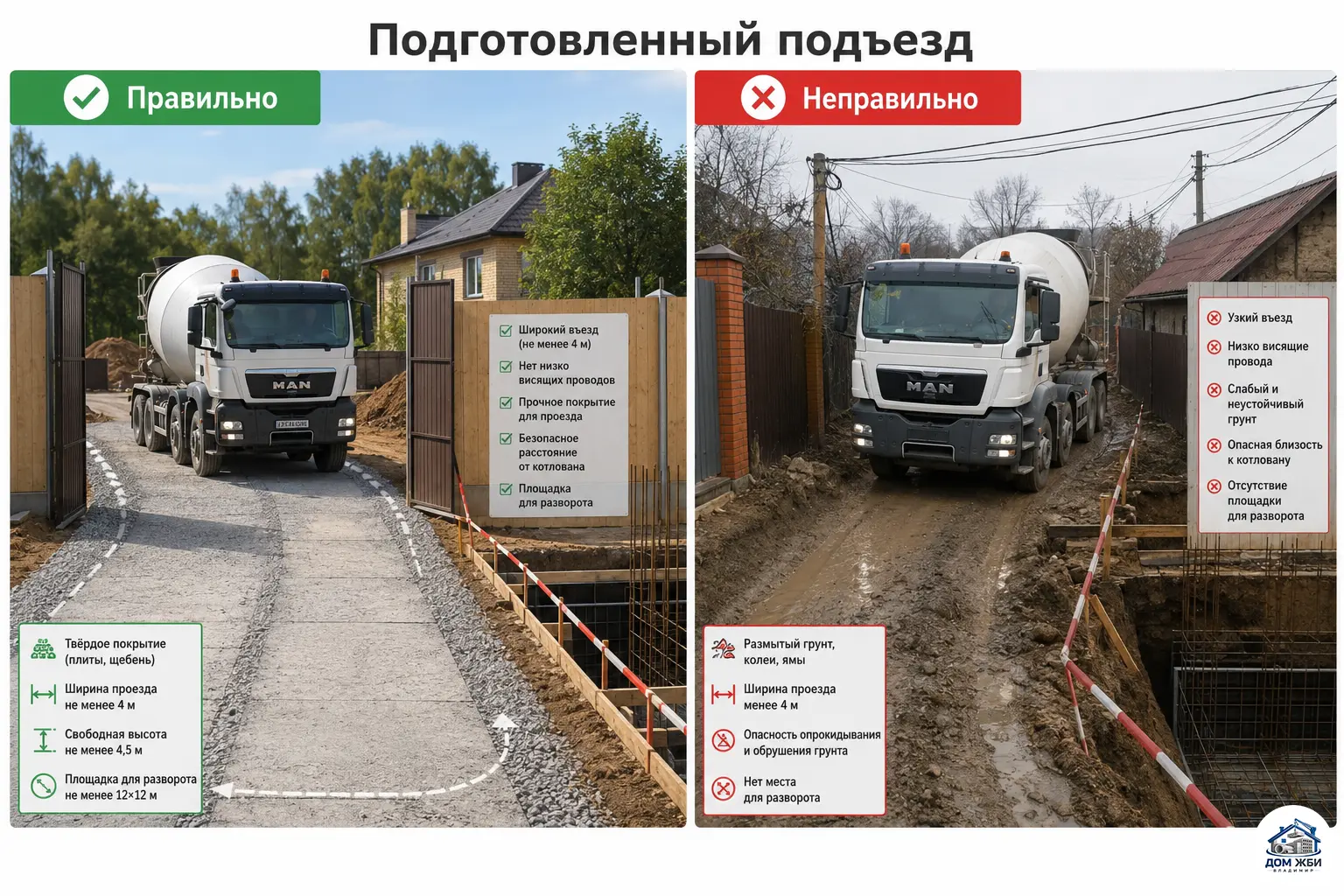 Правильный и неправильный подъезд для автобетоносмесителя