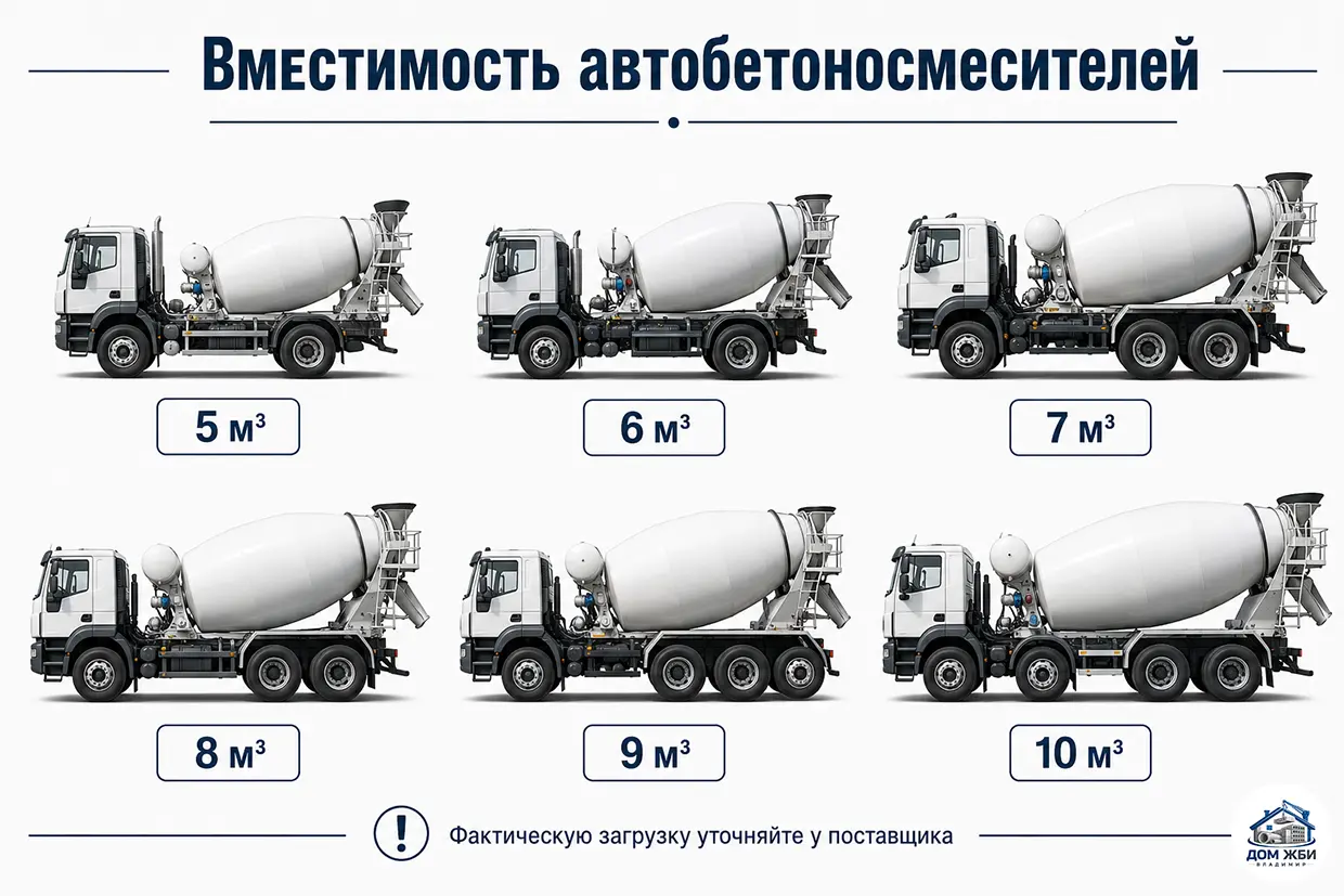 Вместимость автобетоносмесителей от 5 до 10 кубометров