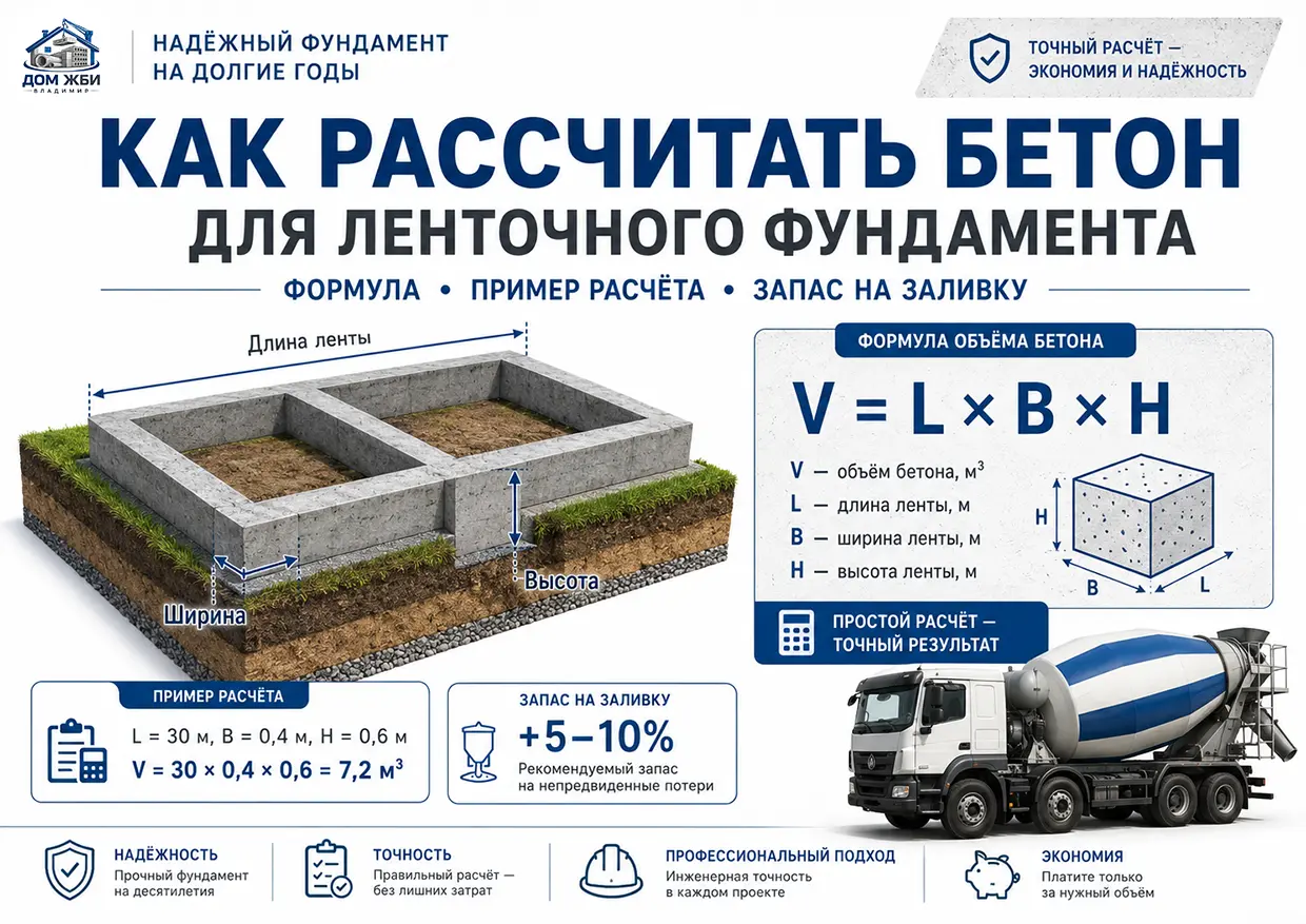 Как рассчитать бетон для ленточного фундамента: формула, пример и запас